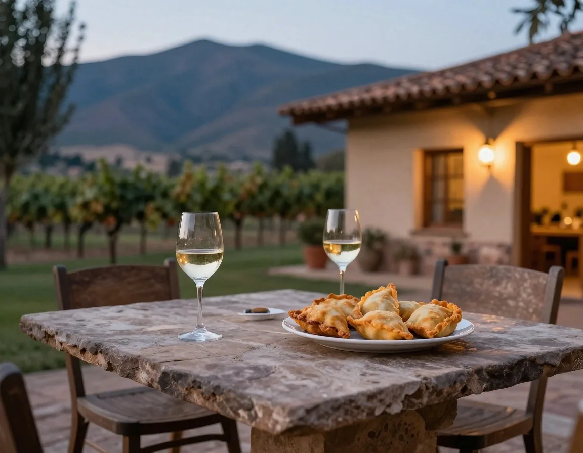 Copa de vino torrontés servido junto a empanadas salteñas