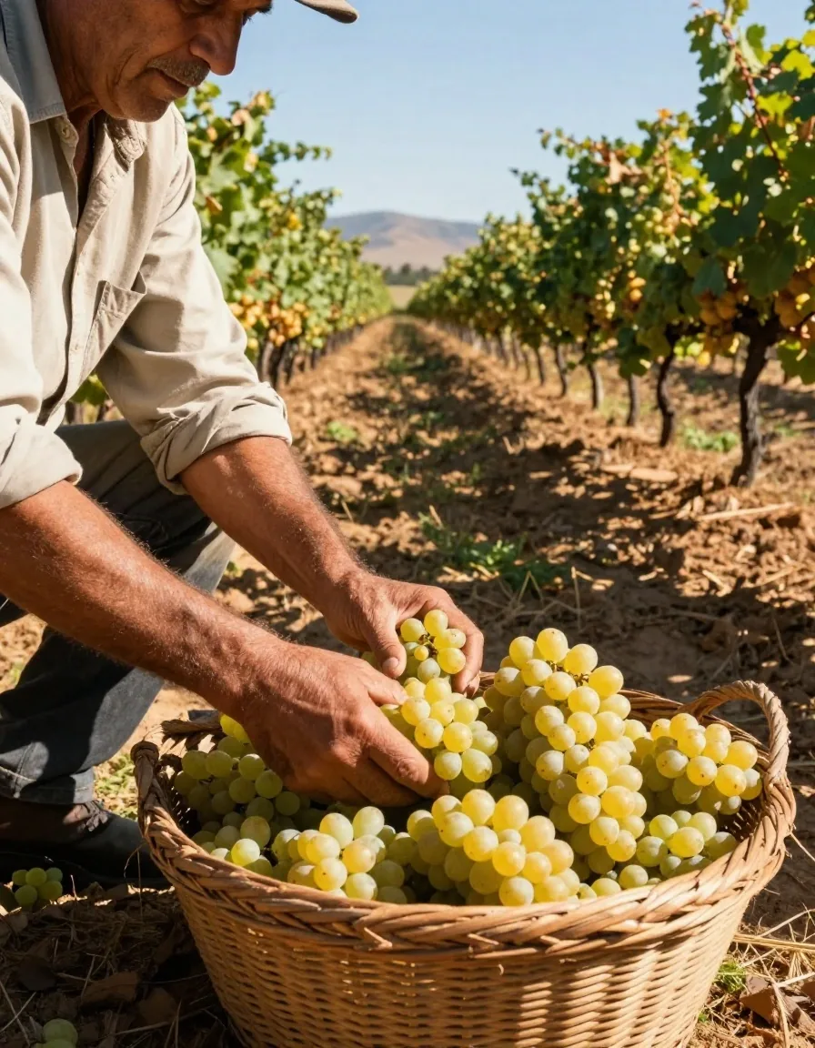 Cosecha de uvas torrontés en viñedo de Cafayate durante la vendimia