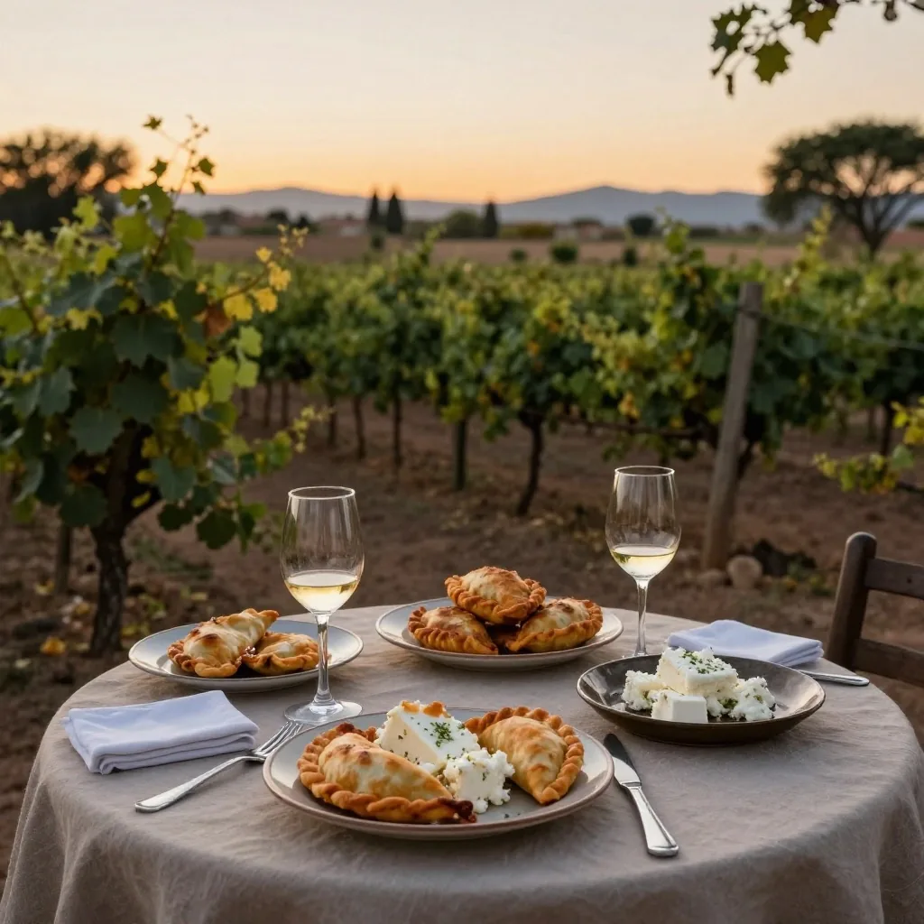 Manos armando empanadas salteñas junto a copa de vino blanco