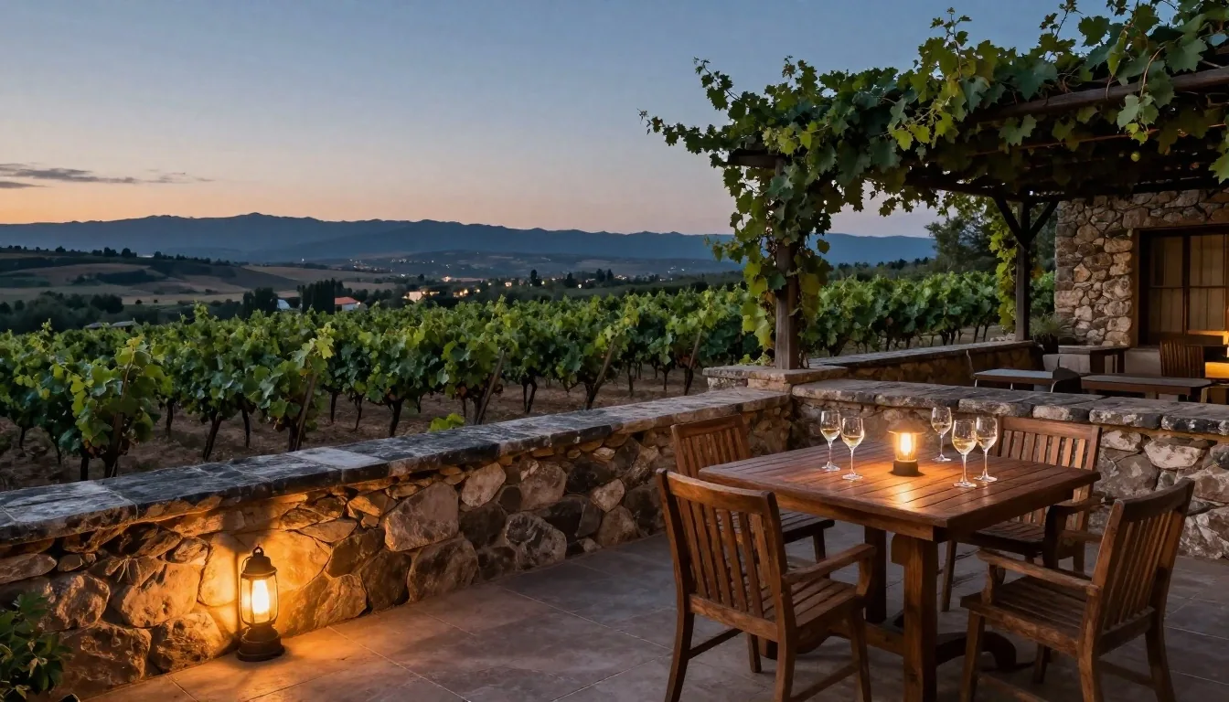 Viñedos de Cafayate al anochecer con luces cálidas de bodega