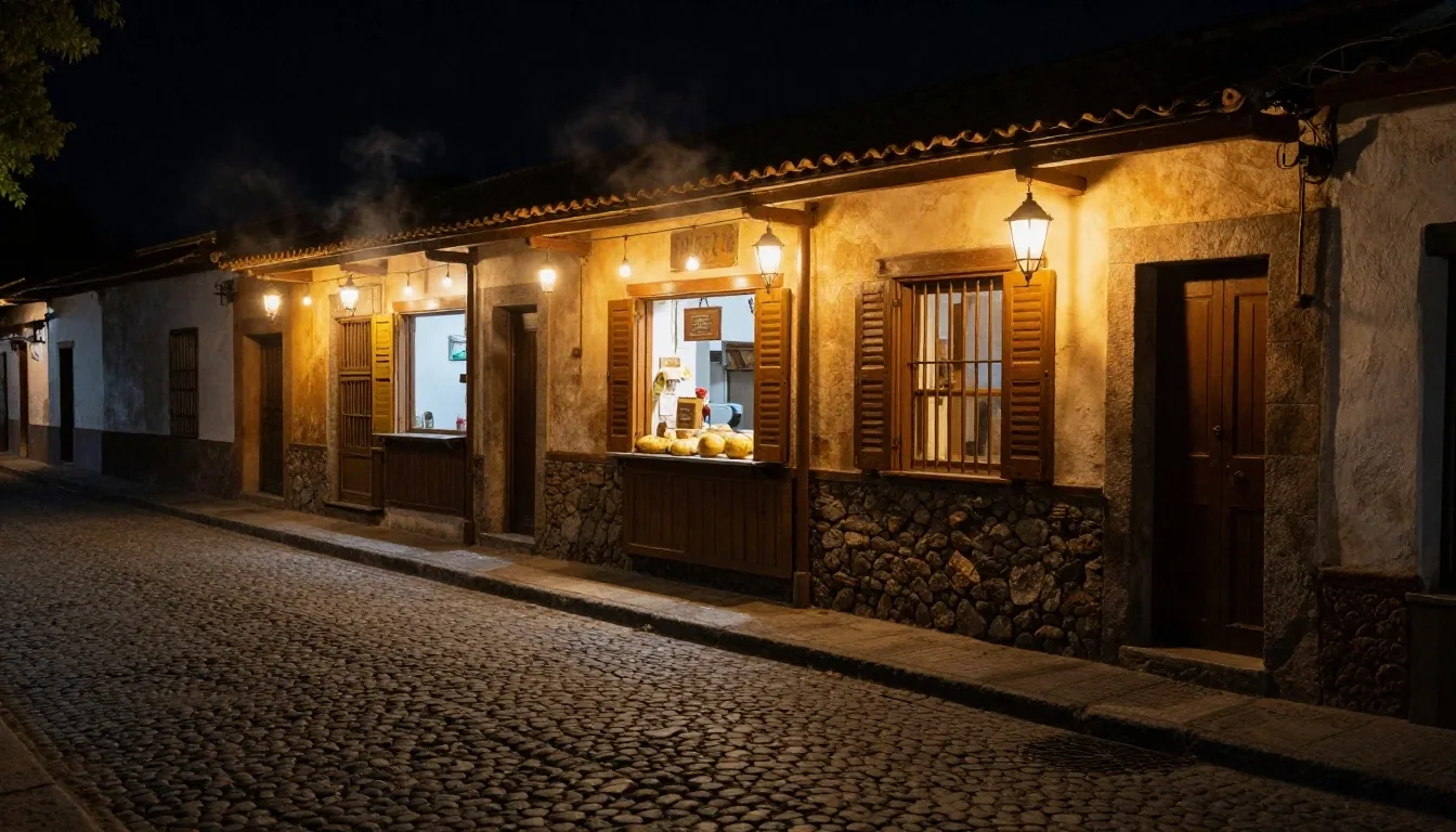Callejón de puestos de comida en Salta de noche con luces cálidas