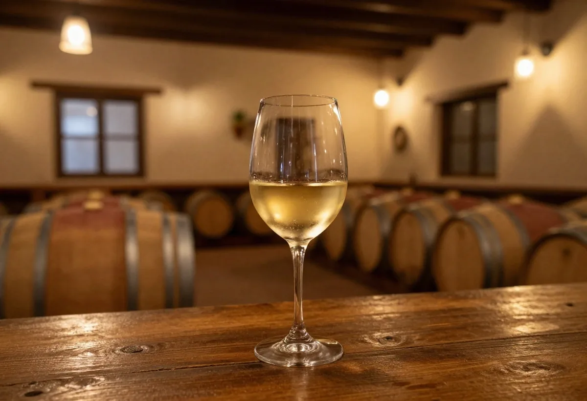 Copa de vino blanco servida con luz cálida en bodega de adobe