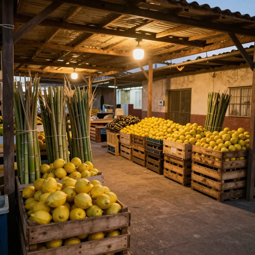 Manos con cítricos y caña en mercado tucumano