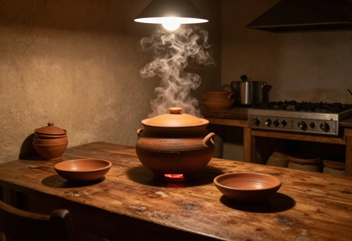 Olla de locro con vapor bajo luz de lámpara en cocina andina