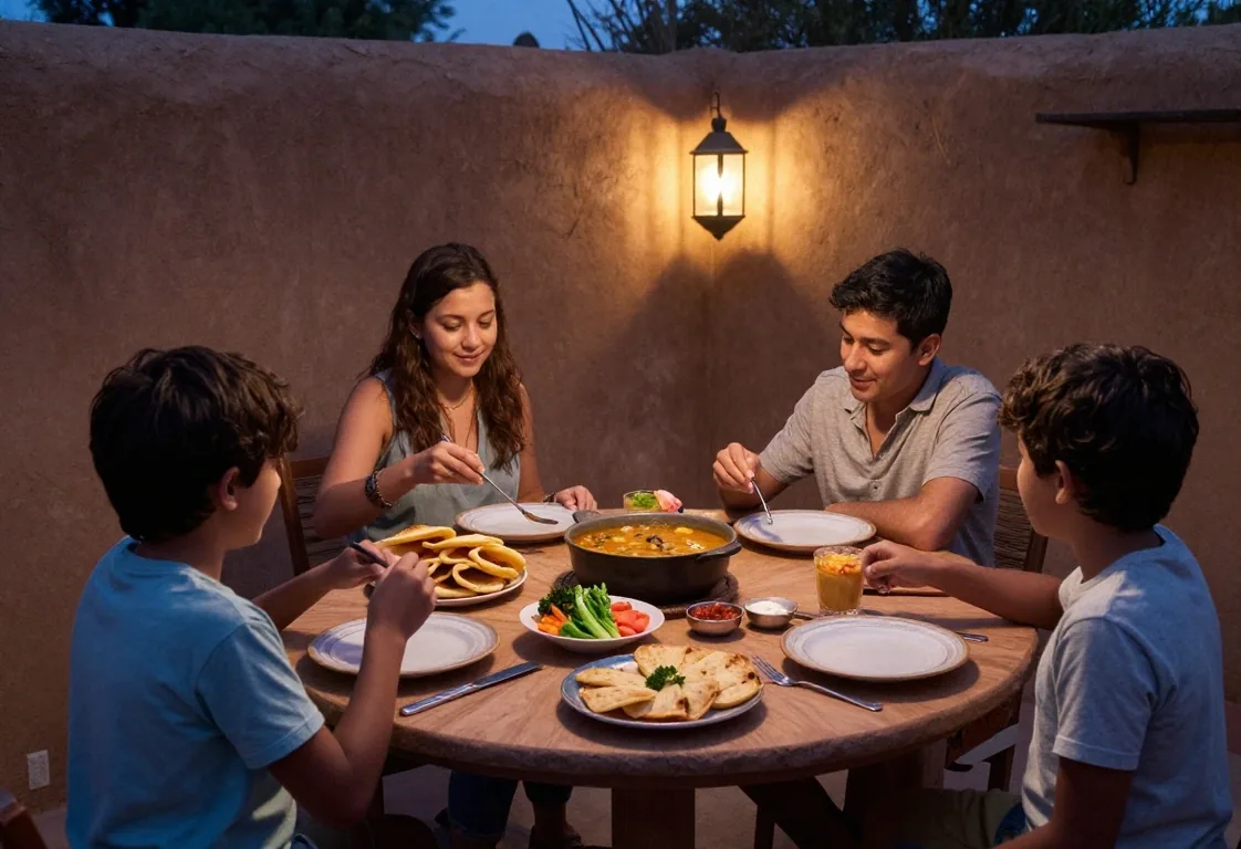 Mesa familiar con locro y humitas