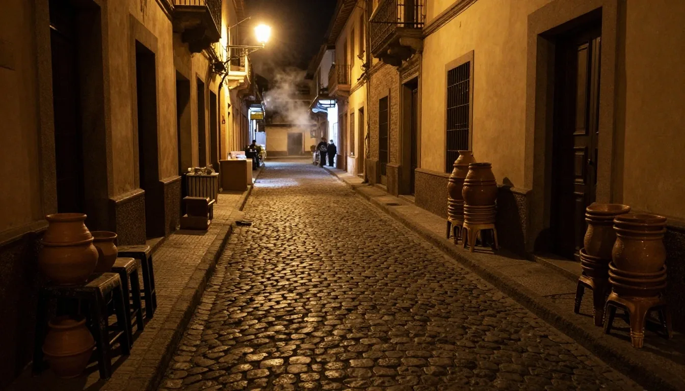 Calnia nocturna de puestos de comida en Salta con tableros encendidos