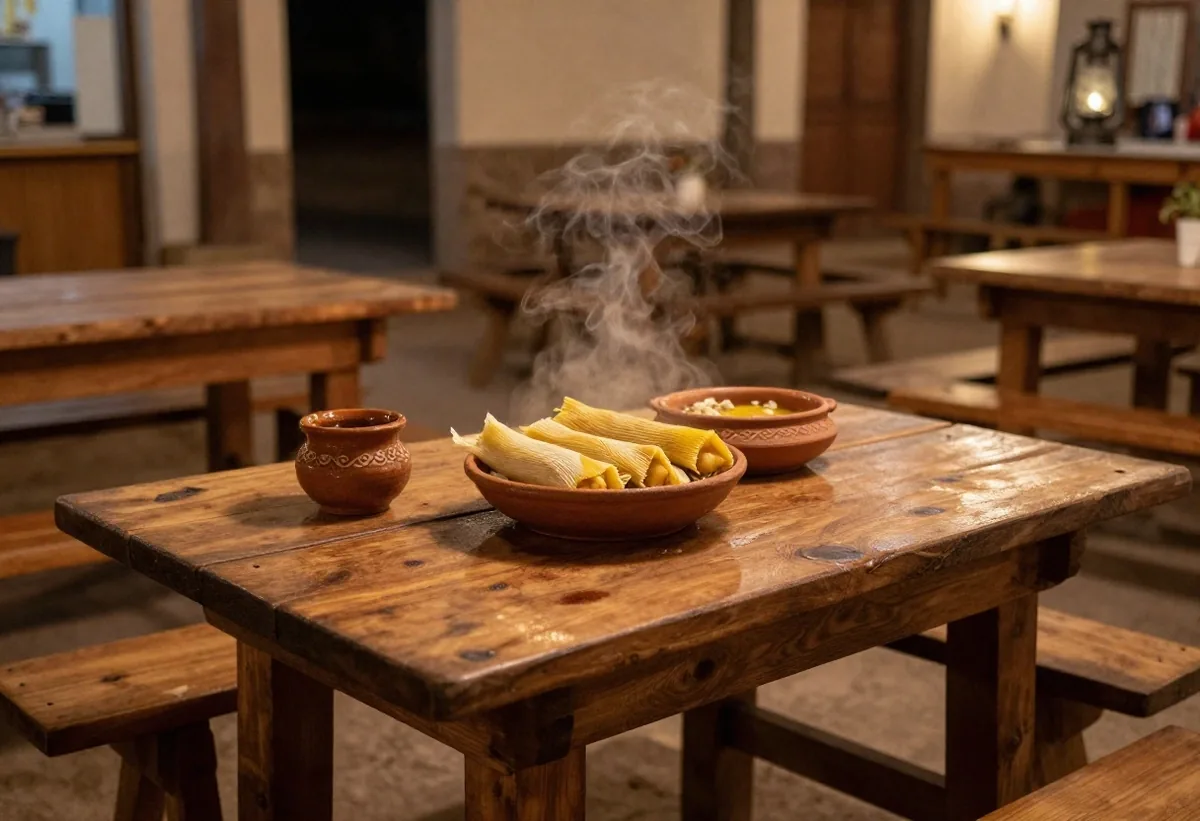 Olla de locro humeante sobre fuego de leña en feria nocturna