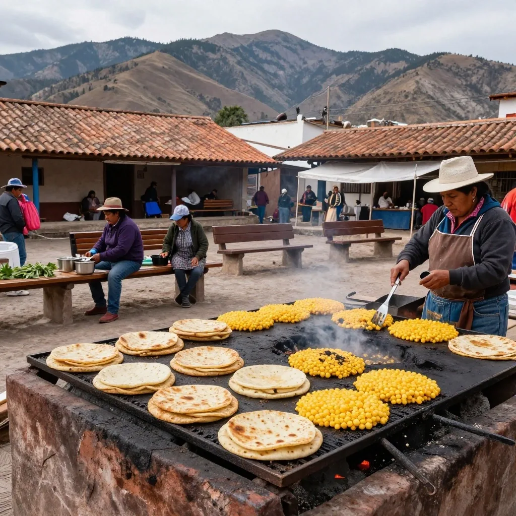 Tortillas a la parrilla y choclos en el mercado de Tilcara