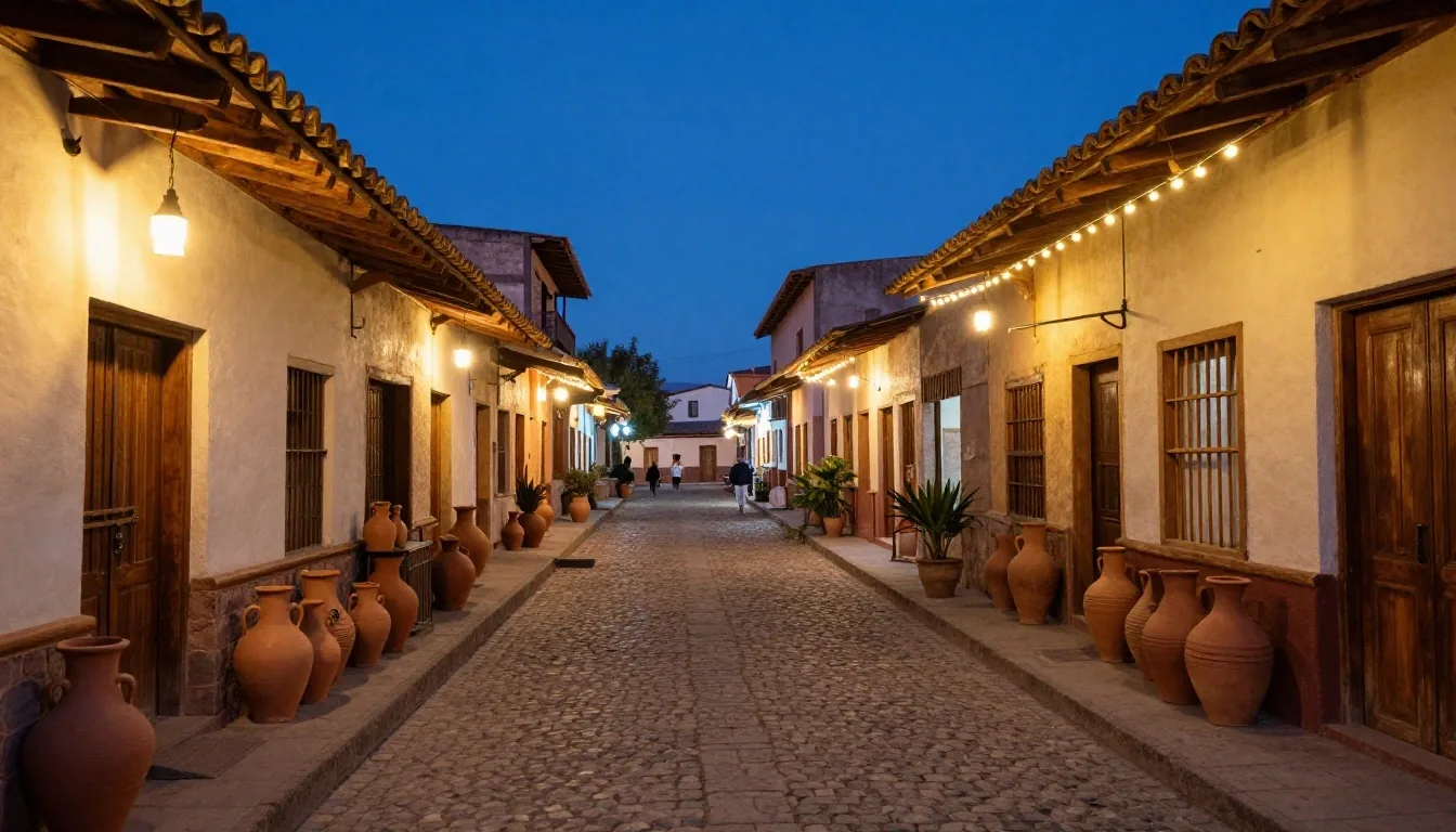 Calle de puestos de comida en Salta al anochecer