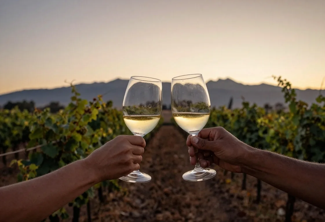 Brindis con vino torrontés en viñedo de Cafayate al atardecer