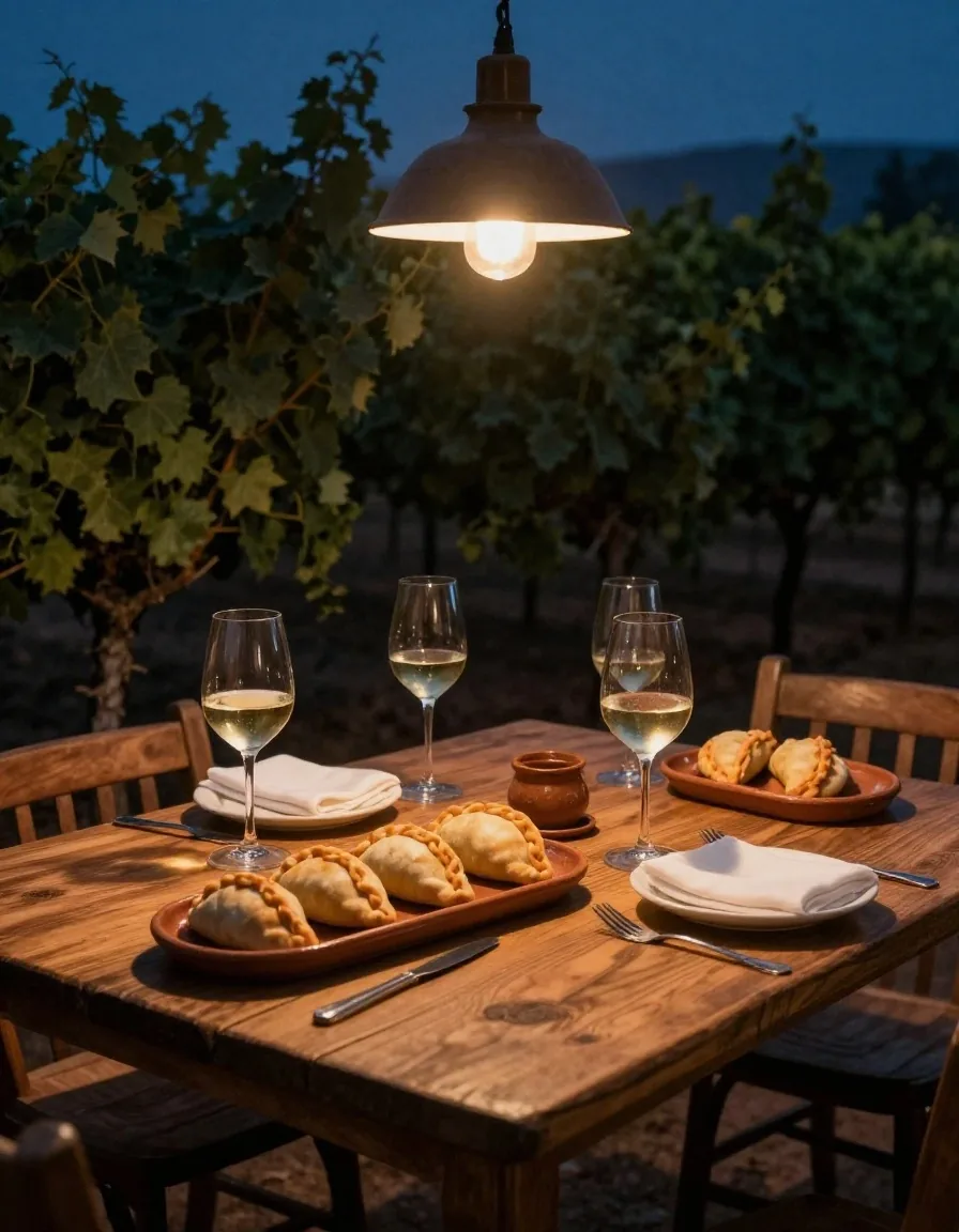Mesa de degustación con lámpara en viñedo de Cafayate