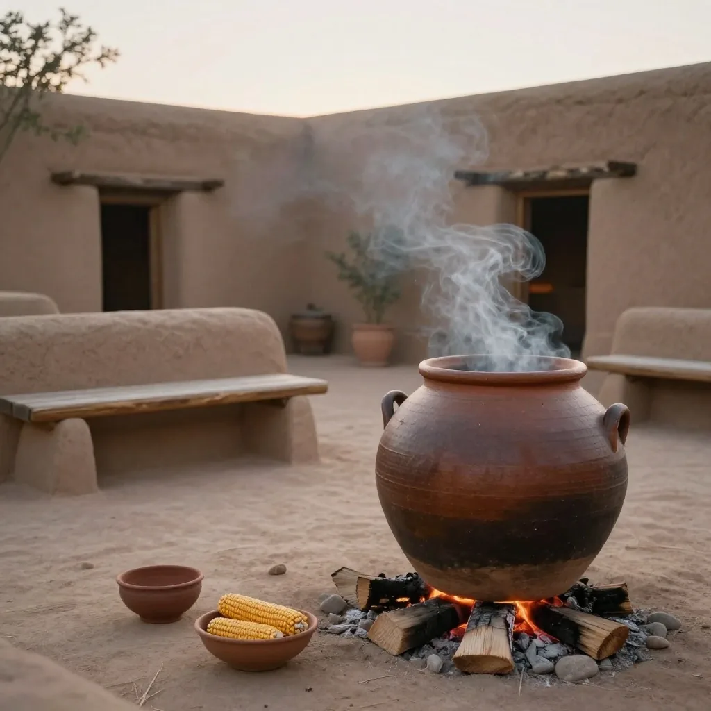 Olla de locro humeante en patio de Cachi