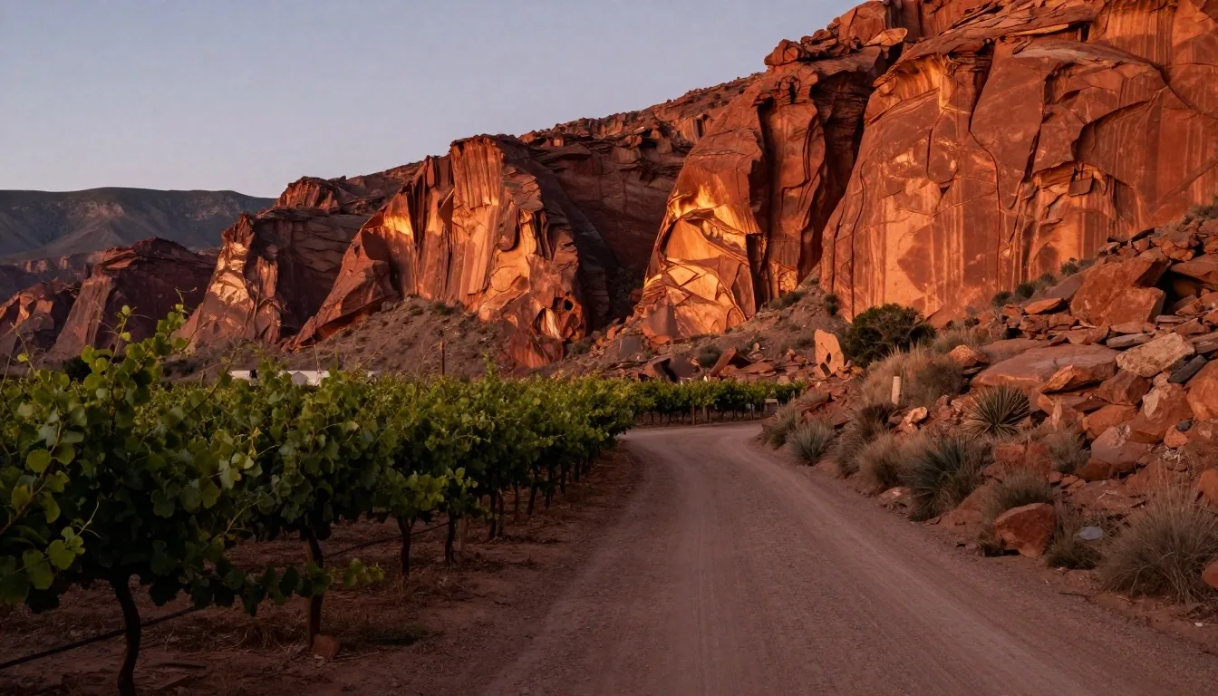 Quebrada de las Conchas y viñedos de Cafayate al atardecer