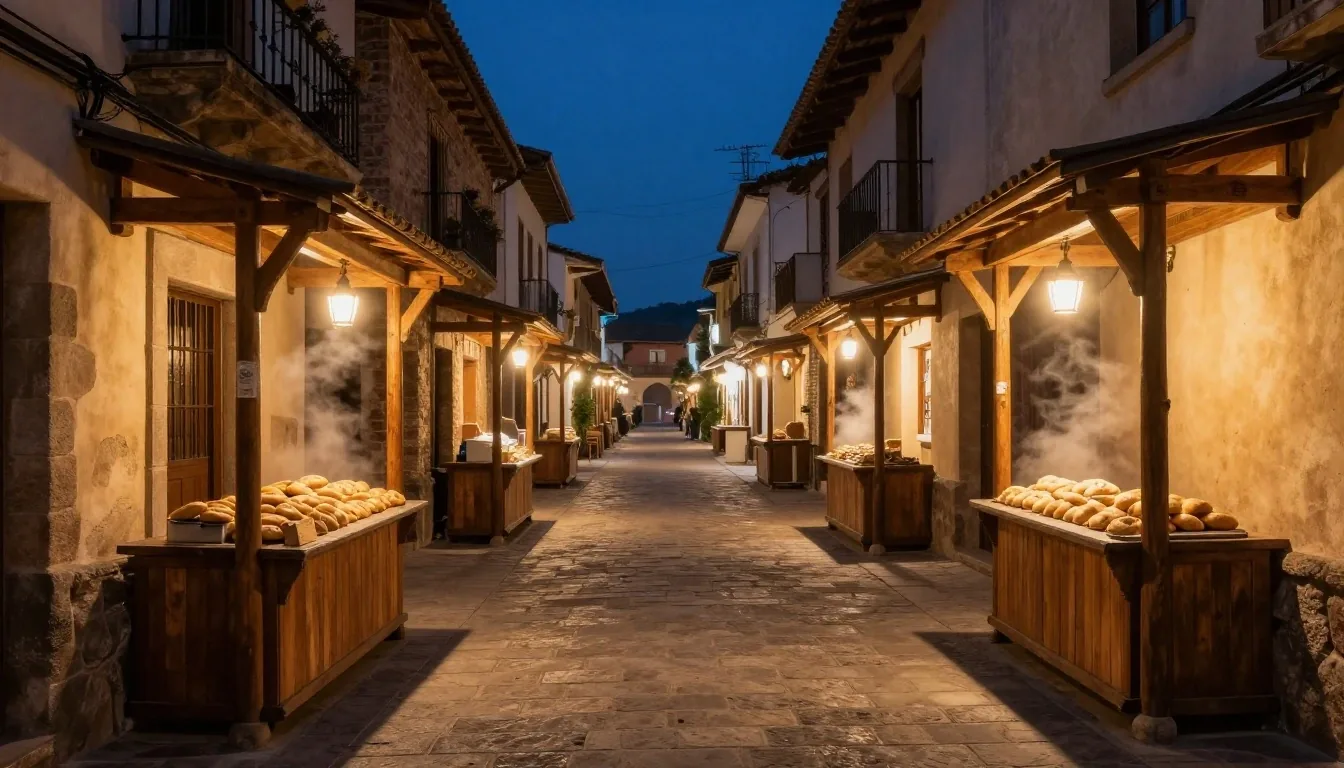 Puestos iluminados en un callejón de Salta al anochecer