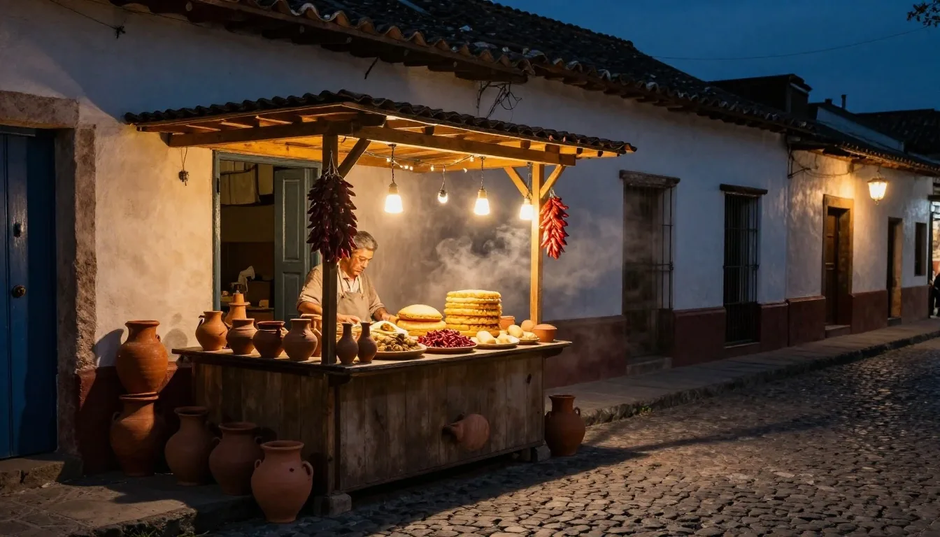 Calle de Salta de noche con puestos iluminados entre la penumbra