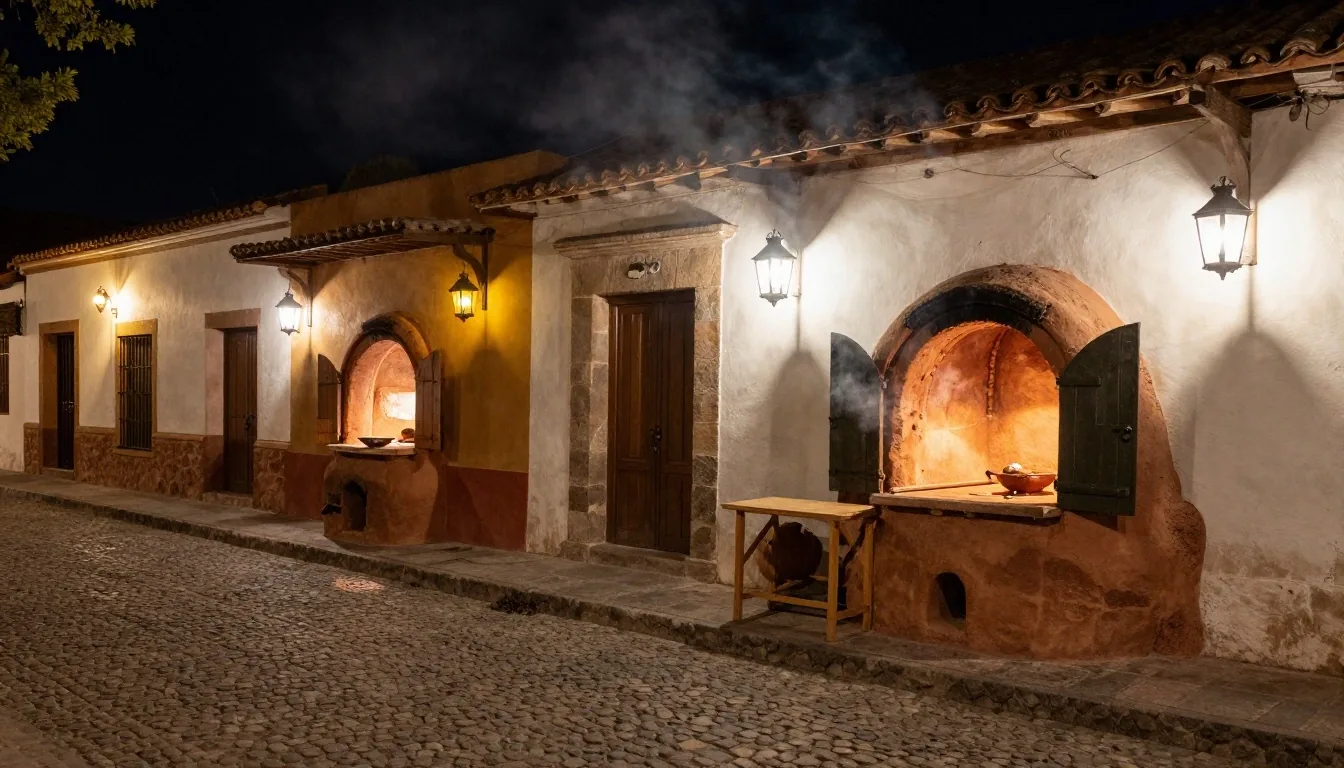 Callejón de puestos de comida en Salta al anochecer con luz cálida