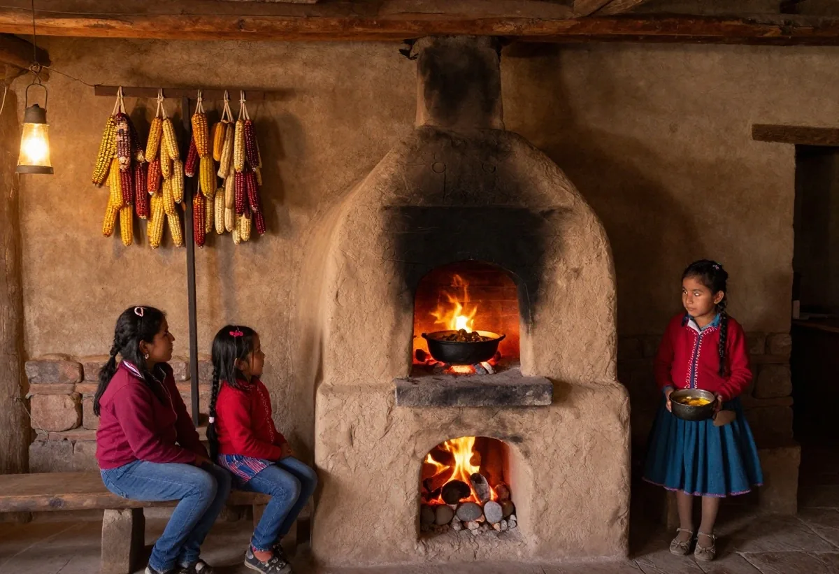 Cocina familiar andina con horno de barro y ollas al fuego