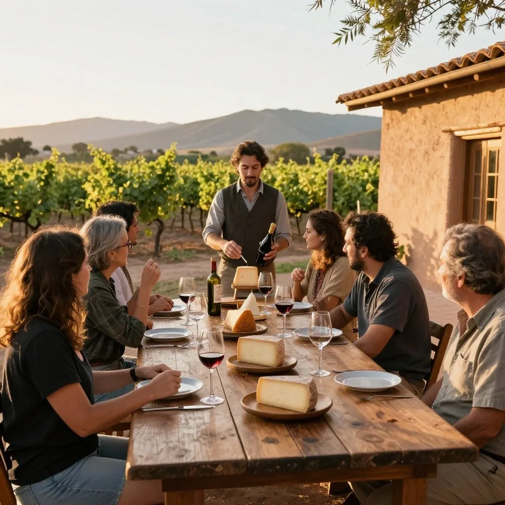 Guía local compartiendo degustación de queso y vino