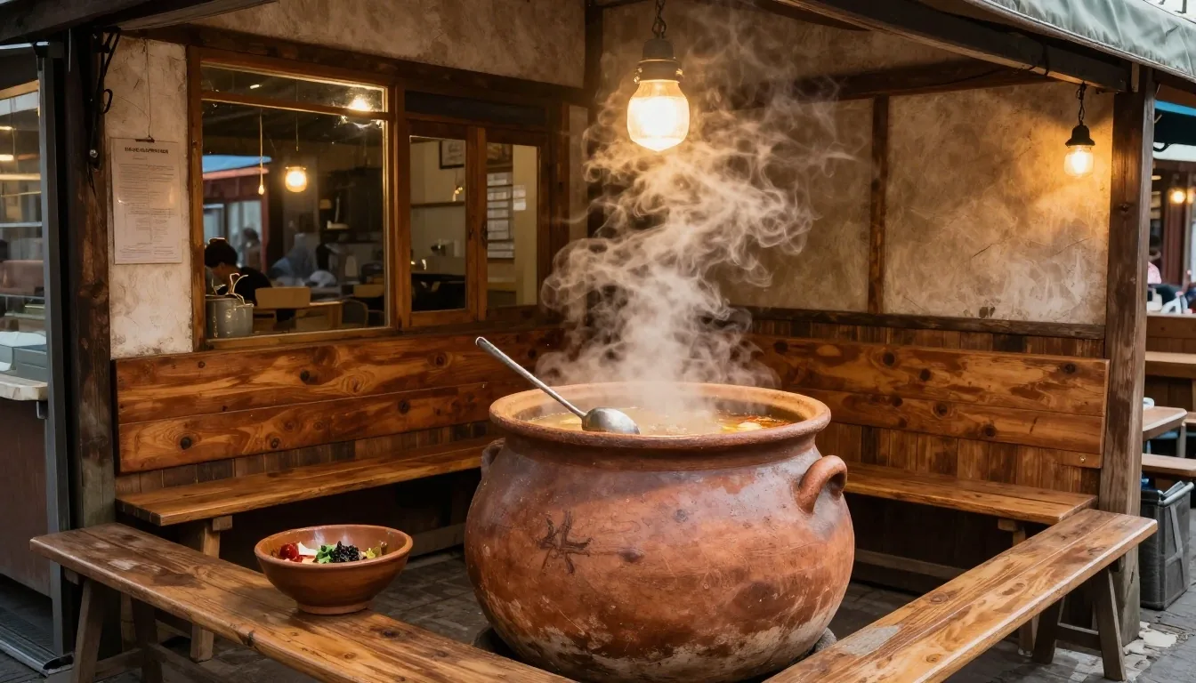 Olla de locro humeante servida en cuenco de barro bajo la luz del mercado