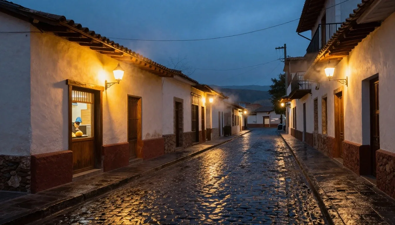 Callejón nocturno de Salta con puestos iluminados y vapor entre lámparas
