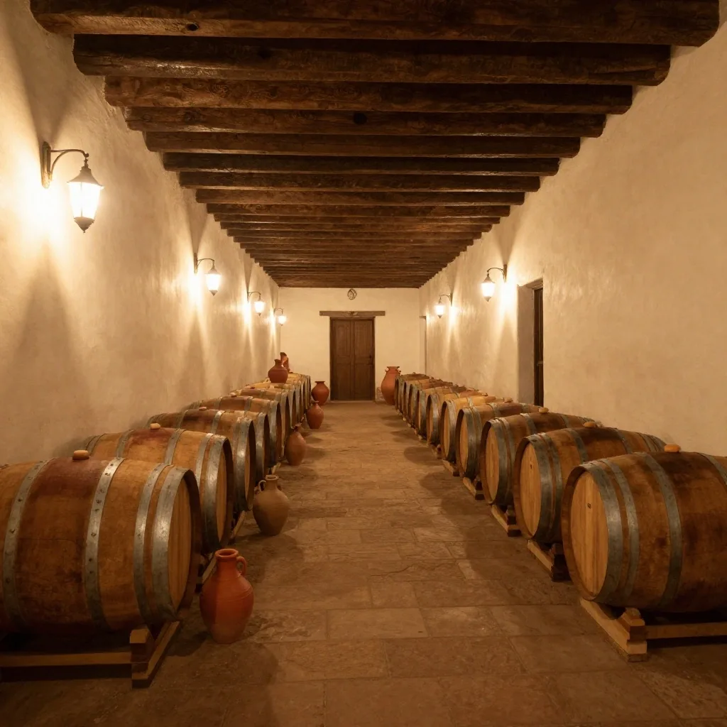 Copa de vino blanco servida bajo luz cálida en bodega de adobe