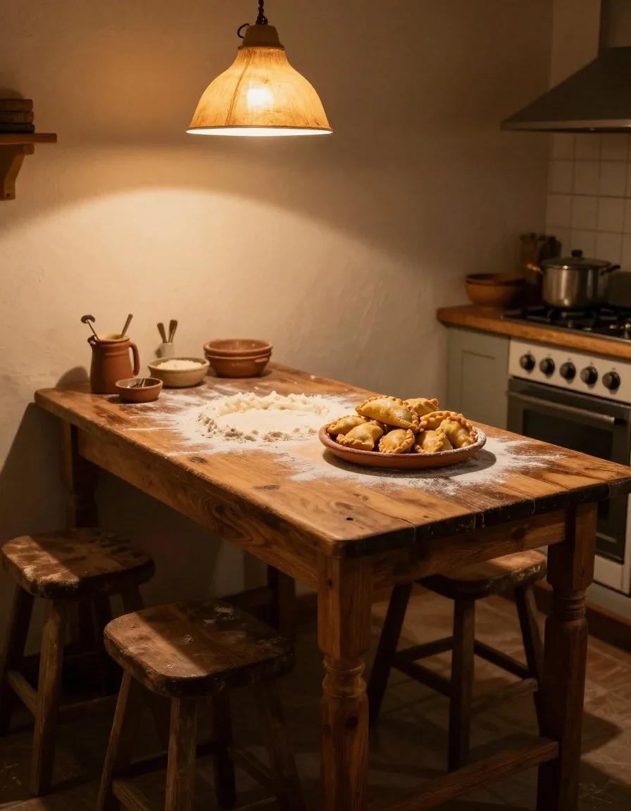 Manos armando empanadas salteñas sobre mesa de madera bajo luz cálida